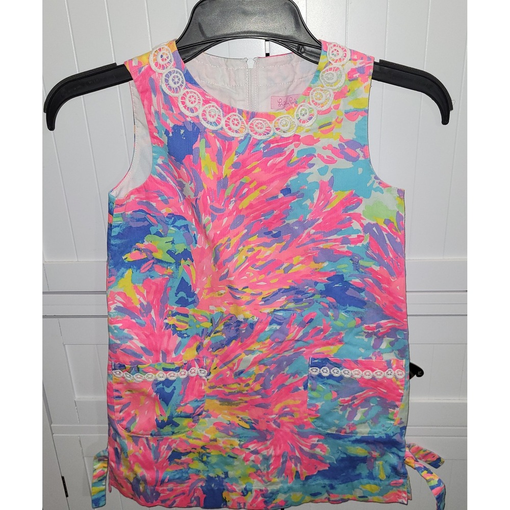 Lilly Pulitzer Girls Pink Blue Neon Coral Print Lace Trim Shift Dress Size 7
